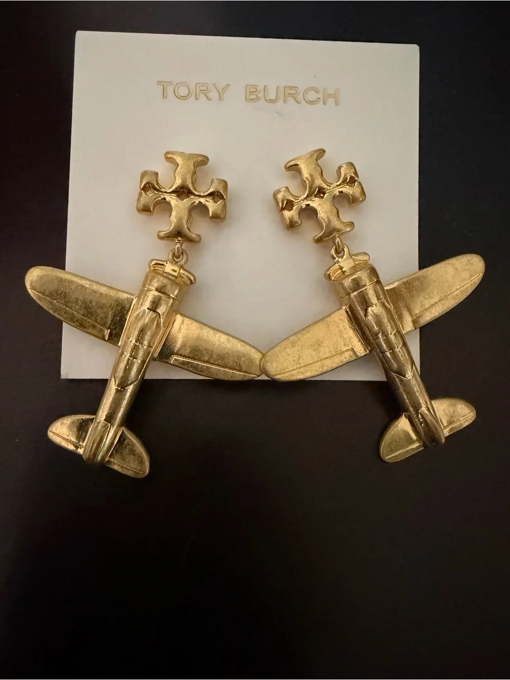 Tory Burch Gold Airplane Drop Logo Earrings - Picture 2 of 4
